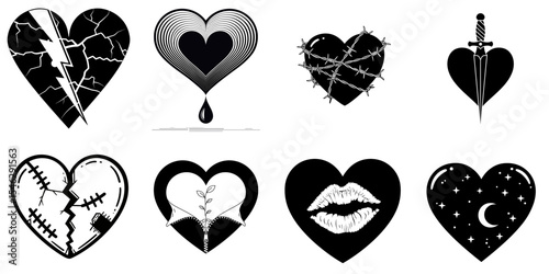 Creative isolated set of hearts symbols: lightning, dagger, barbed wire, patch, kiss, night for designers, tattoos, psychologs, coaches, merch, stickers