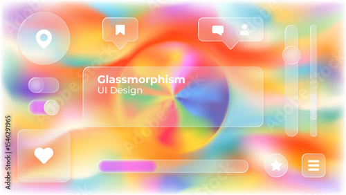 Glassmorphism UI. User interface elements for mobile app. Glass texture icons set. Vector. Simple modern design. For web, social media, business. Eps10 illustration. Abstract background. Rainbow.