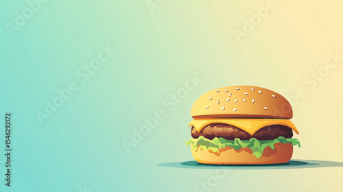 Flat Vector-Style National Cheeseburger Day Banner With Bold Blue to Soft Gold Gradient Background Featuring Cheeseburger Icon With Cheese and Lettuce on Bottom Right Corner, Empty Space for Text 
