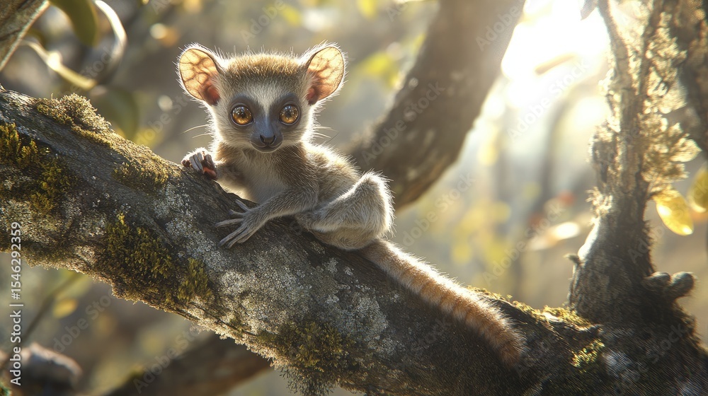 Fototapeta premium A full-body portrait of a small lemur from the Cheirogaleidae family, such as a mouse lemur or dwarf lemur, perched on a tree branch 