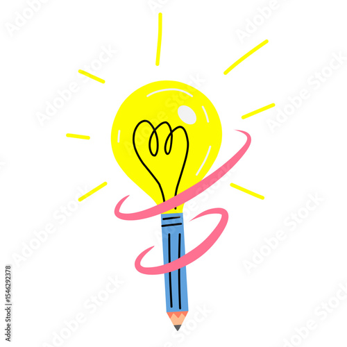 Creative Light Bulb Pencil Vector Concept, Illustration of a light bulb with a pencil, symbolizes creativity and idea creation.