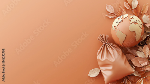 World Cleanup Day Banner With Warm Earthy Gradient From Terracotta Orange to Light Beige Featuring 3D-Style Globe With Leaves and Trash Bag on Right Side, Left Side Reserved for Clean Text Area