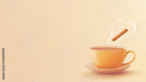 Minimalist National Chai Day Banner Featuring Soft Saffron to Ivory Gradient Background With Flat Vector Illustration of Teacup With Cinnamon Stick and Rising Steam Placed on the Right Side