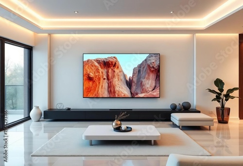 Sleek minimalist living room, large screen TV focal point, relaxation, cozy