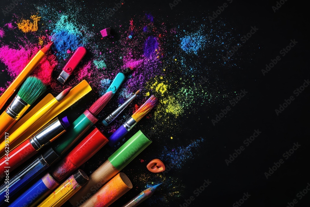 Obraz premium colorful supplies exploding on black background.
