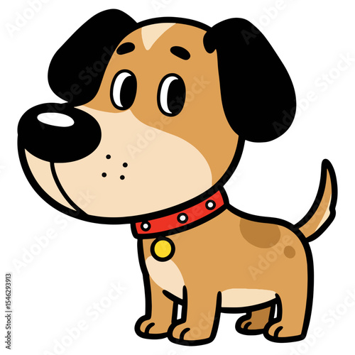 A cartoon dog with big floppy black ears and a red collar. This cute and goofy-looking puppy is perfect for pet adoption campaigns, doggie daycare logos, and kids' designs.
