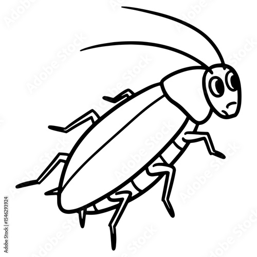 A detailed black and white outline of a cockroach. A scientifically styled yet simple insect illustration, suitable for pest control materials, biology diagrams, and educational use.