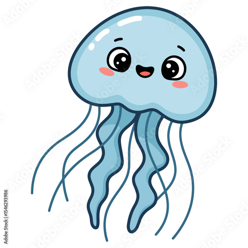 A smiling blue jellyfish character with cute eyes and flowing tentacles. A charming illustration for underwater themes, sea life education, children's decor, and apparel.