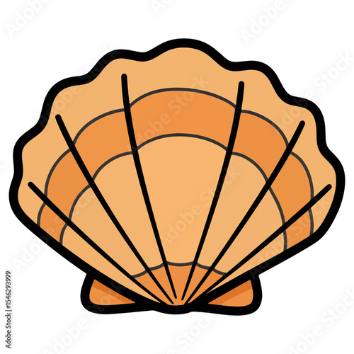 A colorful cartoon illustration of an orange scallop shell. Simple and cute design, perfect for sea-themed projects, summer icons, beach party decorations, and children's books.