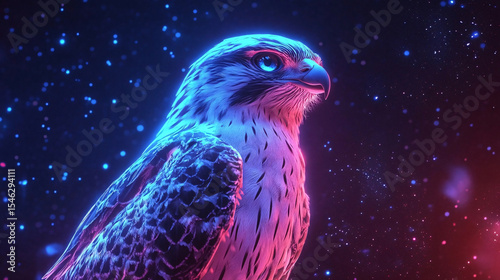 A neon-lit falcon portrait set against a sparkling, cosmic background.