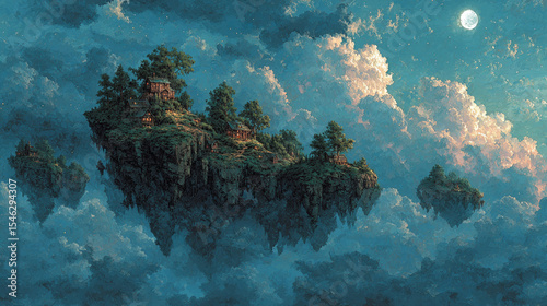 Mystical Isles in the Clouds: A surreal scene of floating islands, lush with greenery and a touch of architecture, drift serenely in a sea of clouds under the moon's gentle glow.