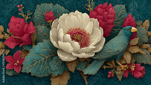 Exquisite Floral Still Life with Bird: A vivid and elegant still life showcases an azure bird perched amidst lush, intricate flowers and foliage.