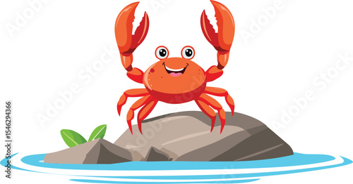 Smiling Crab Waving from Beach Rock Vector Illustration