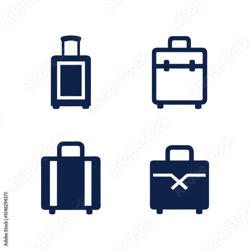 Four Dark Blue Suitcase and Briefcase Icons on White Background Simple Travel Baggage Symbols