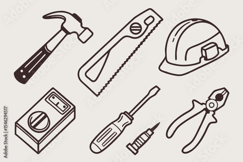Illustration of construction and repair tools with a hard hat on white