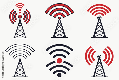Six communication tower icons isolated on white background