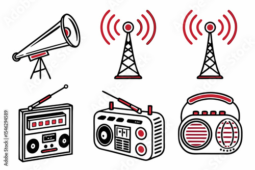 Megaphone radio and antenna icons isolated on white background