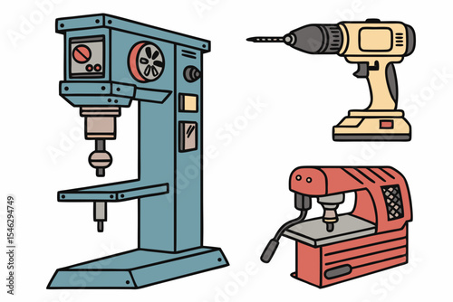 Drill press machines and other tools isolated on white background