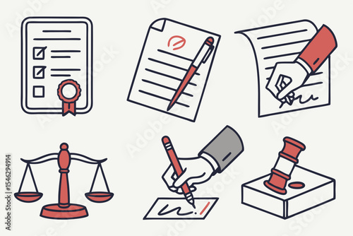 Legal icons depicting law justice and contracts isolated on white background