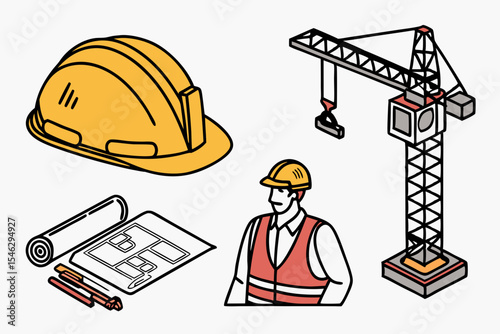 Construction worker with helmet blueprint and crane isolated on white