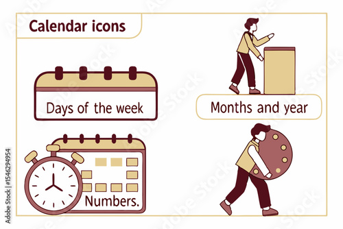 Calendar icons for days of the week months and year