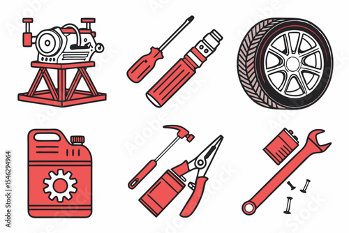 Automotive repair tools and equipment isolated on white background