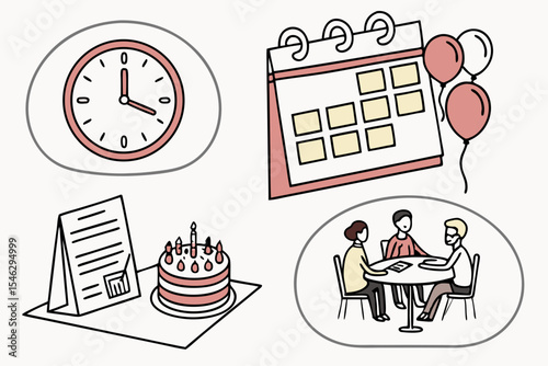 Clock calendar cake and people meeting at a table