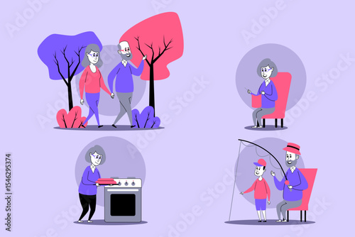 Elderly couple engaged in various activities, including walking in park, cooking at home, enjoying quiet time, and fishing with their grandchild