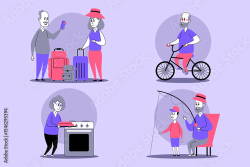 Elderly couple engaged in various activities, including traveling, biking, cooking, and fishing. Active lifestyle, joy of community and interaction concept