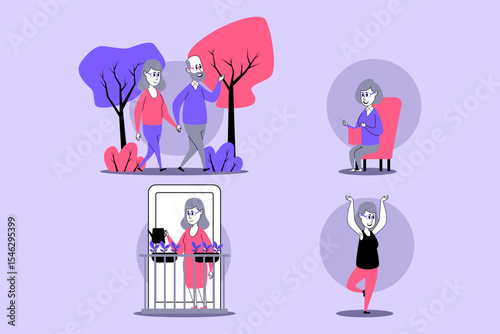 Elderly couple walking hand in hand through colorful park filled with stylized trees. Nearby, older woman knitting cheerfully at home. Joy of life concept