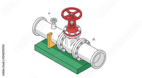 An Industrial Pipeline System with a Red Valve on a Green Platform Support