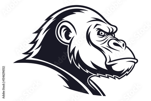 An angry gorilla's head is displayed in a stark black and white design
