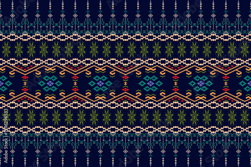 Dark blue traditional woven fabric pattern displaying intricate geometric motifs and diverse decorative bands, suitable for art and textiles.