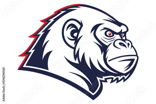 A determined gorilla gazes forward with intense red eyes on a white backdrop