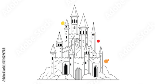 Majestic Fortified Castle Nestled on a Mountainous Terrain with Colorful Floating Orbs