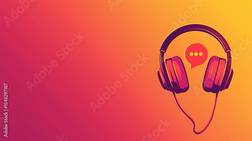 Minimalist International Podcast Day Banner with Sunset Orange to Wine Red Gradient Background, Vector Headphones Surrounding Speech Bubble Icon on Right Bottom, Empty Space for Text on the Left