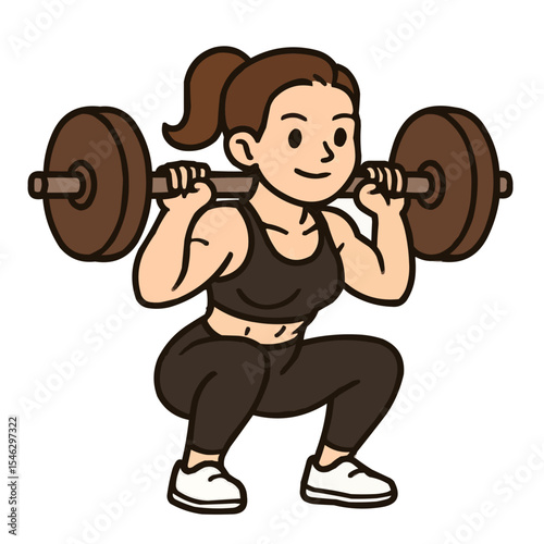 Cartoon woman lifting weights while squatting, focused expression, fitness and strength training