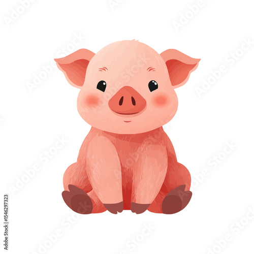 Cute cartoon piglet sitting adorably on a white background, cheerful expression, playful character