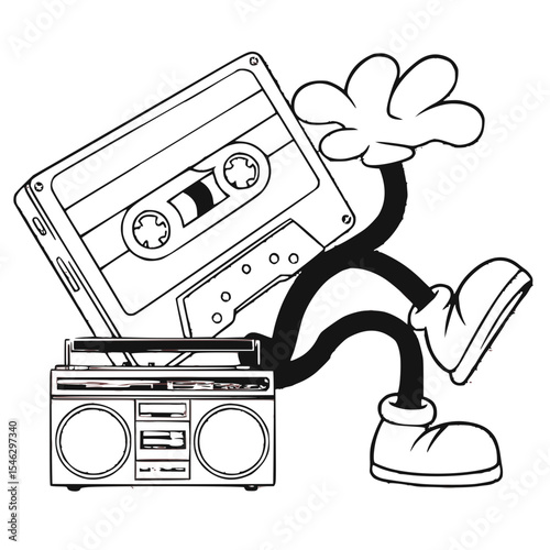 Cartoon cassette tape character dancing with a boombox, playful design, retro music theme