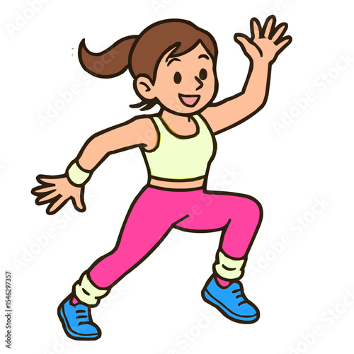Cheerful cartoon woman jogging energetically with a smile, fitness outfit, healthy lifestyle theme