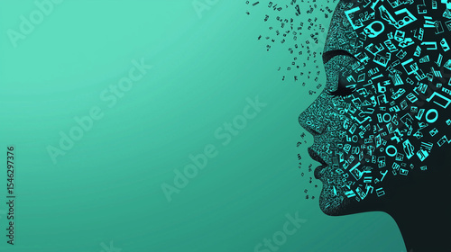 Minimalist International Translation Day Banner with Emerald Green to Teal Gradient Background, Silhouette of Speaking Face and Letters Transforming into Languages, Modern Flat Design with Text Space