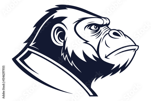 Stern navy gorilla gazes intensely, its robust form outlined against a white backdrop