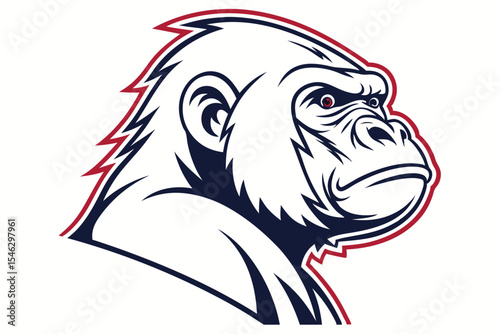 Bold gorilla head outlined in red and blue stares intensely with red eyes