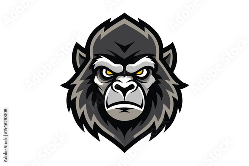 Detailed gorilla head with piercing yellow eyes shows strength and powerful intensity