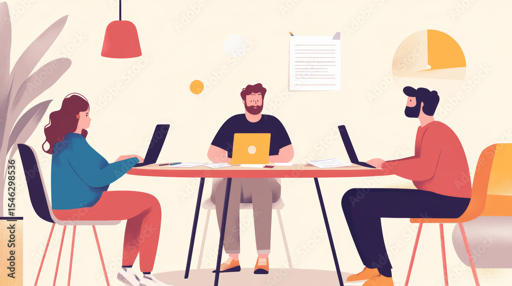 Fototapeta premium Flat Design Illustration of Team Members Sitting Around a Round Table Collaborating with Shared Laptops and Papers in a Professional Workspace