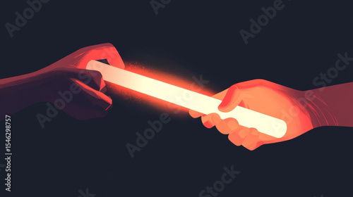 Flat design illustration of hands passing a glowing baton, symbolizing smooth transitions, teamwork, collaboration, and seamless handoffs in a modern, dynamic style.