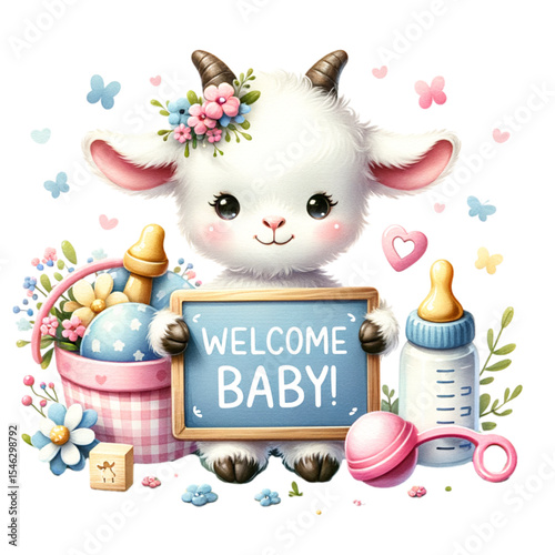 Whimsical Welcome: An adorable goat character, adorned with a floral crown, joyfully announces "Welcome Baby!" with a charming sign amidst a scene of baby essentials. 