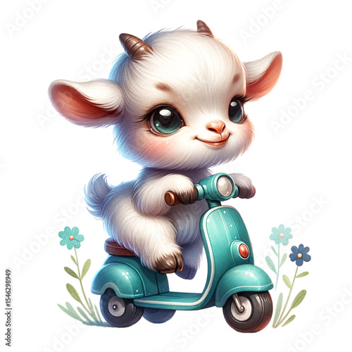Whimsical Goat on Scooter: A delightful illustration of a charming goat joyfully cruising on a vintage scooter, surrounded by playful flowers and a touch of pure happiness. 