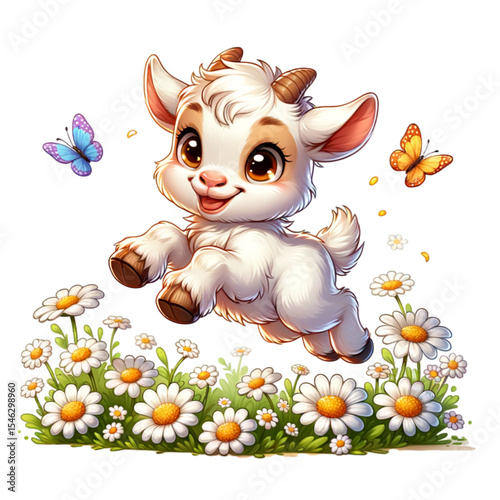 Joyful Goat's Leap in the Meadow: A charming, cartoon-style illustration of a playful goat leaping joyfully amidst a vibrant field of daisies and fluttering butterflies.