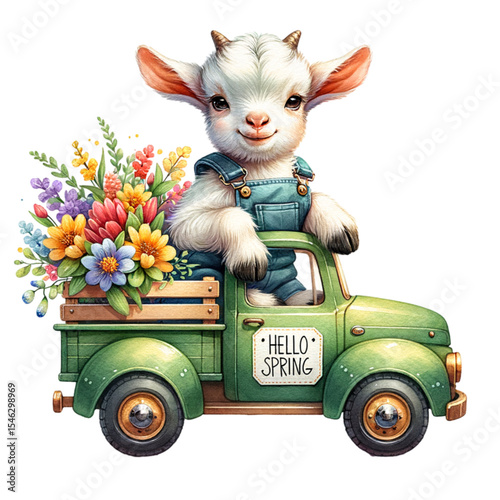 Happy Goat's Spring Delivery: A charming goat, donning denim overalls, joyfully drives a vintage truck overflowing with vibrant spring blossoms, heralding the season of renewal.